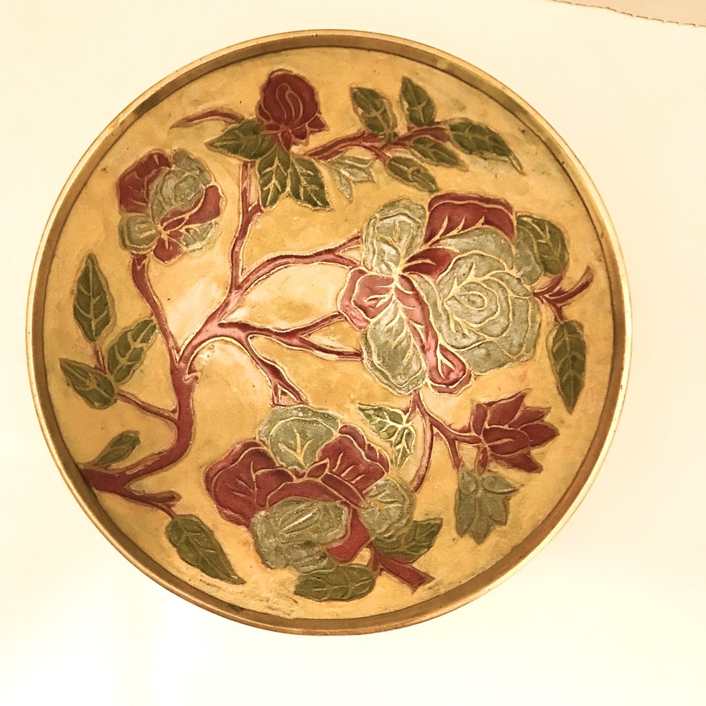 Vintage enamel brass flowers collectors plate 5 11/16”